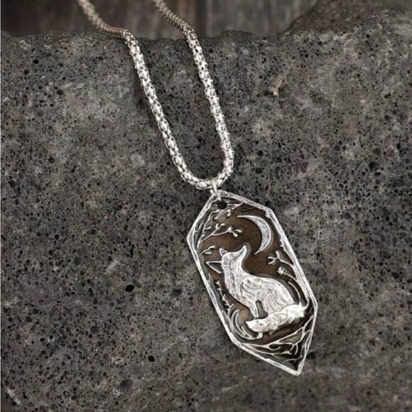 Cottagecore Fox & Moon Silver Tone Necklace, matching chain,Engraved det… - Picture 2 of 3